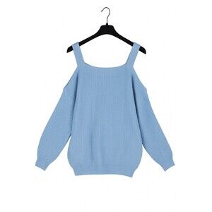 Cold Shoulder Rib Knit Sweater Women Small Blue Viscose Blend Strap Pullover